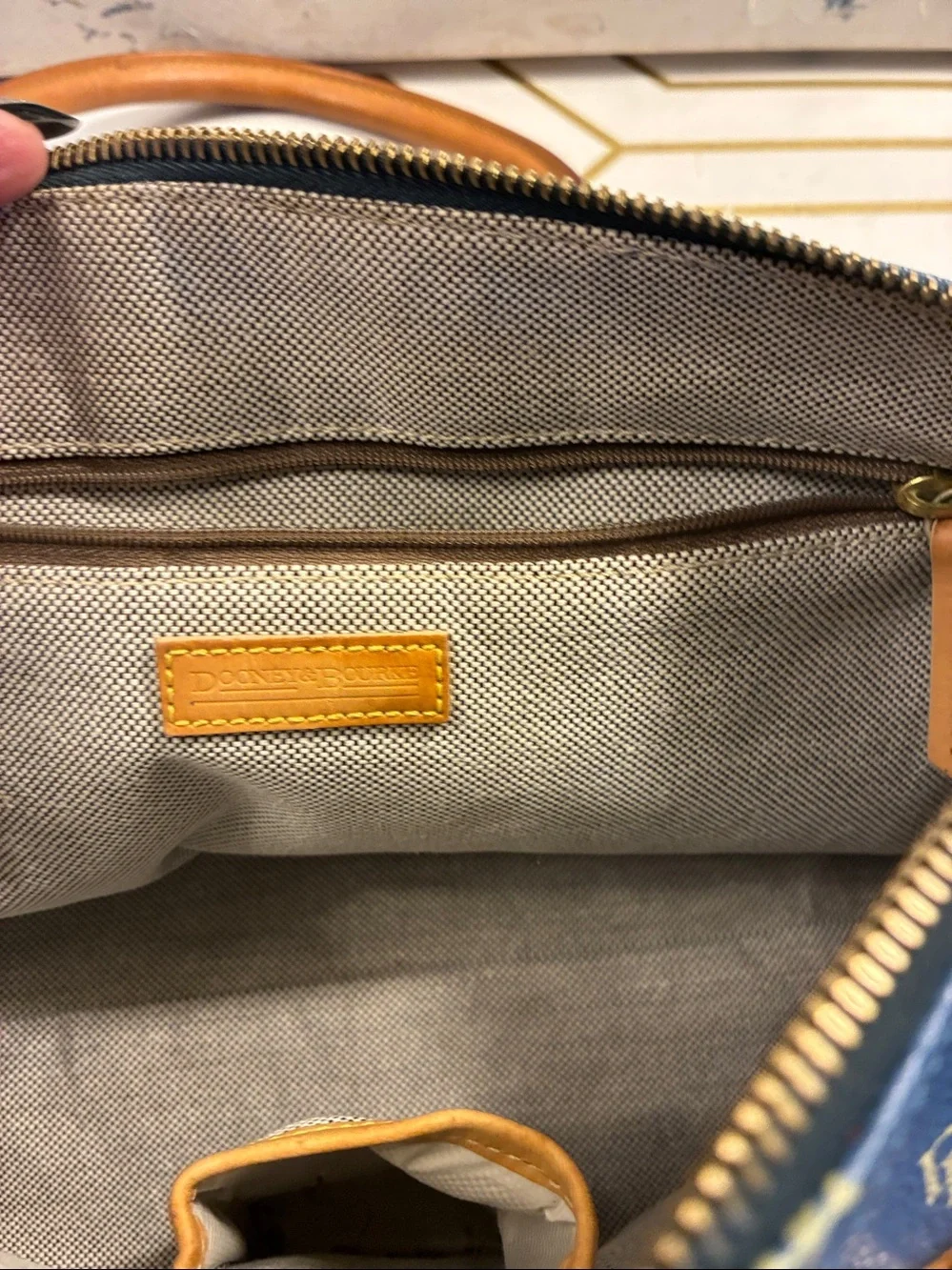 EUC Vintage Dooney and Bourke Blue Monogram Satchel with Tan Trim